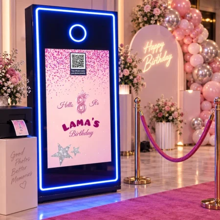 مرآة تصوير تفاعلية بشاشة ترحيب وQR Code وكروت مخصصة | تأجير فوتوبوث في الرياض