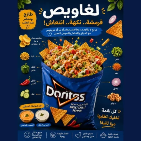 عربة لغاويص شيبس مع بار خضار وصوصات | تأجير عربة سناك في الرياض