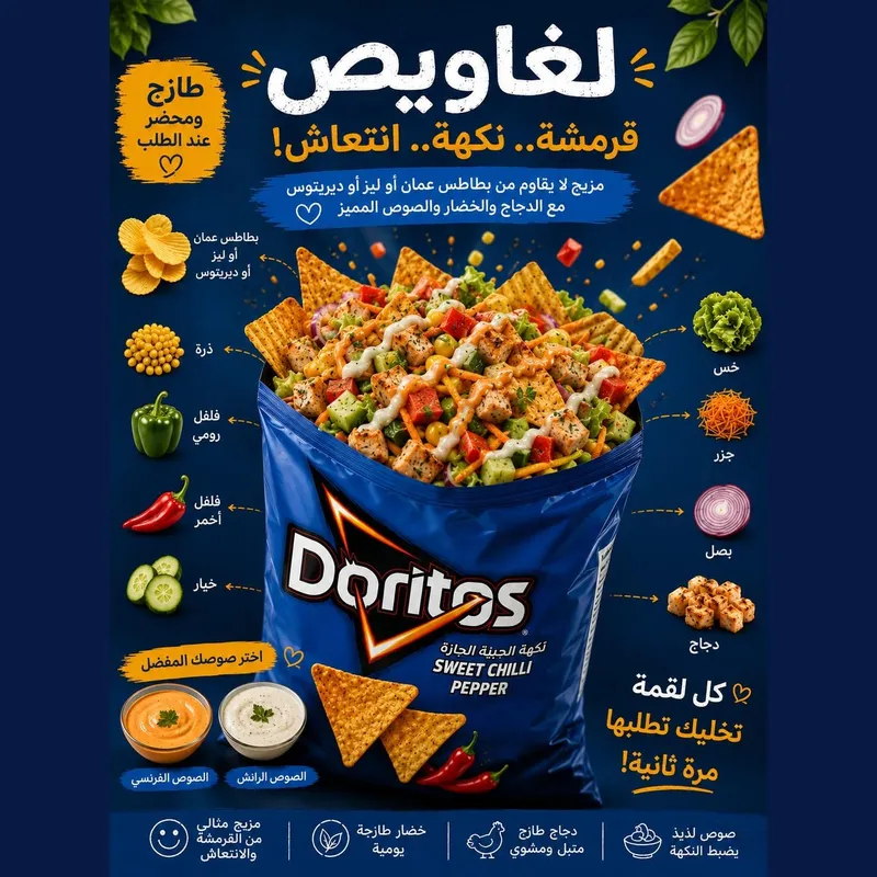 عربة لغاويص شيبس مع بار خضار وصوصات | تأجير عربة سناك في الرياض